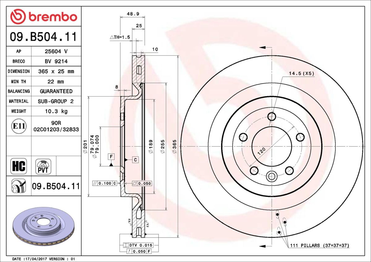 Диск гальмівний LAND ROVER RANGE ROVER IV (L405) 4.4 2012.08- BREMBO (09.B504.11) BREMBO фото 6