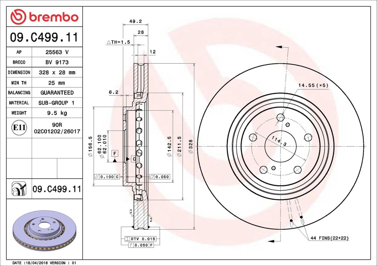 Диск гальмівний TOYOTA HIGHLANDER / KLUGER (_U5_) 3.5 2013.12- BREMBO (09.C499.11) BREMBO фото 6