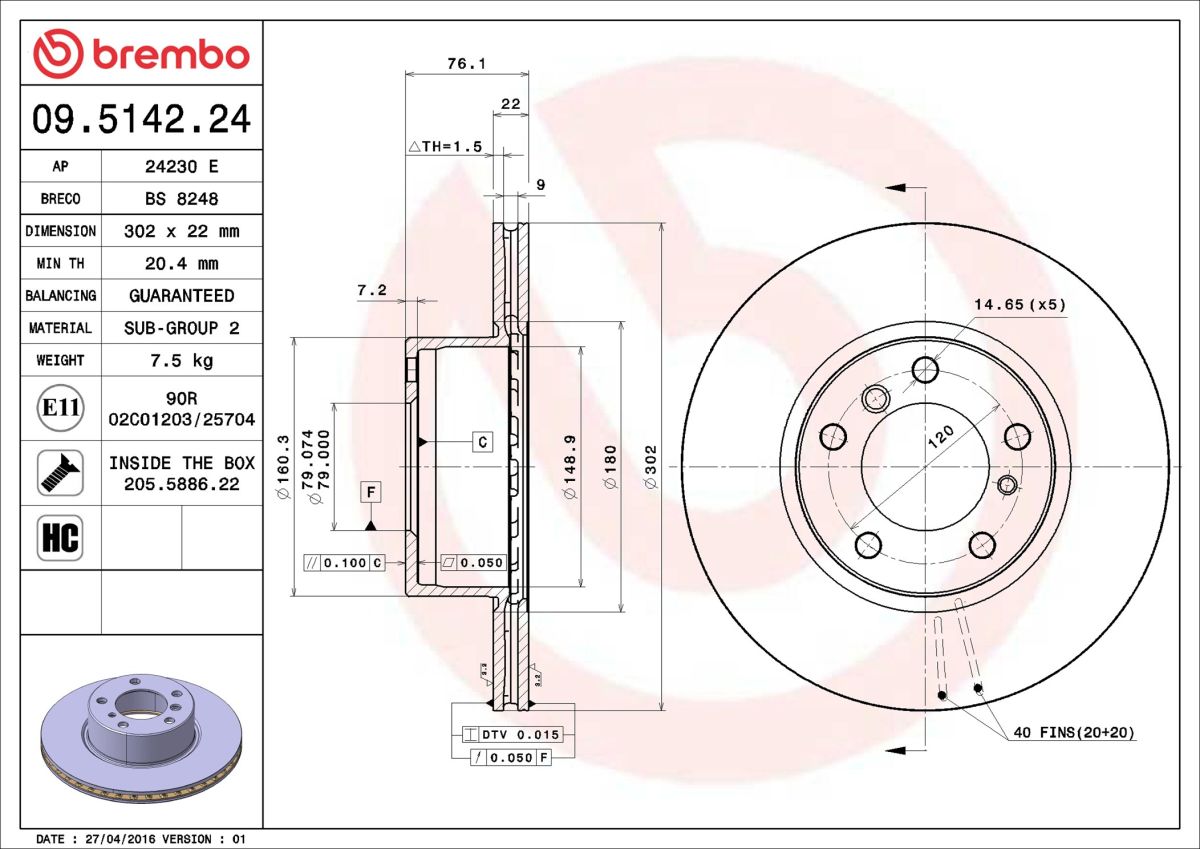 Диск гальмівний BMW 5 (E34) 2.0 1987.02-1995.12 BREMBO (09.5142.24) BREMBO фото 6
