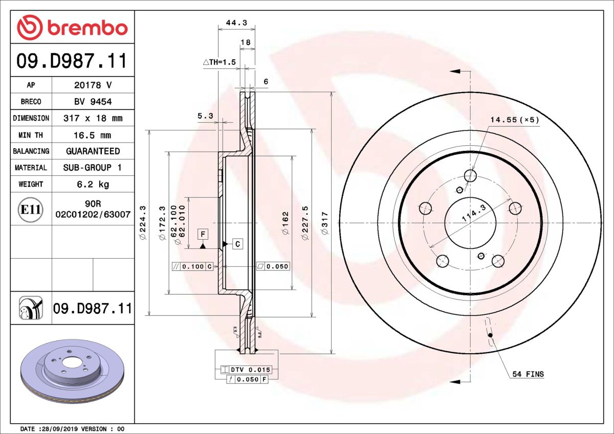 Диск гальмівний TOYOTA RAV 4 V (_A5_, _H5_) 2.5 2018.12- BREMBO (09.D987.11) BREMBO фото 5