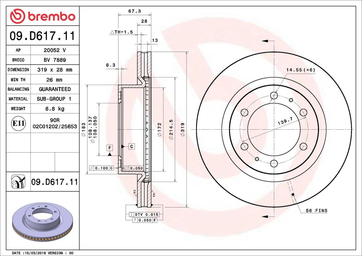 Диск гальмівний TOYOTA HILUX VIII ПІКАП (_N1_) 2.4 D 4WD (GUN125_, GUN125R) 2015. BREMBO (09.D617.11) BREMBO фото 6