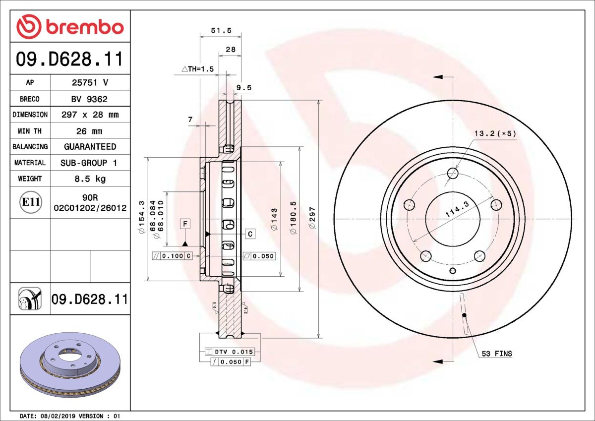 Диск гальмівний MAZDA CX-5 (KE, GH) 2.5 2011.11-2017.02 BREMBO (09.D628.11) BREMBO фото 6