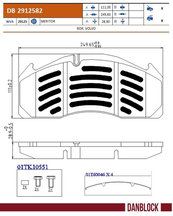 Комплект гальмівних колодок задн/передн , VOLVO 7300, 7500, 9700, 9900, B12, B9, FH, FH12, FH16, FL, FM, FM10, FM12, FM7, FM9, VM I, VM II, VM III 10.8D-9.6D 01.91- фото 2