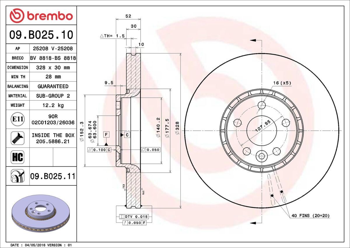 Диск гальмівний VOLVO XC60 I ДЖИП (156) 2.4 2008.05-2017.12 BREMBO (09.B025.11) BREMBO фото 6