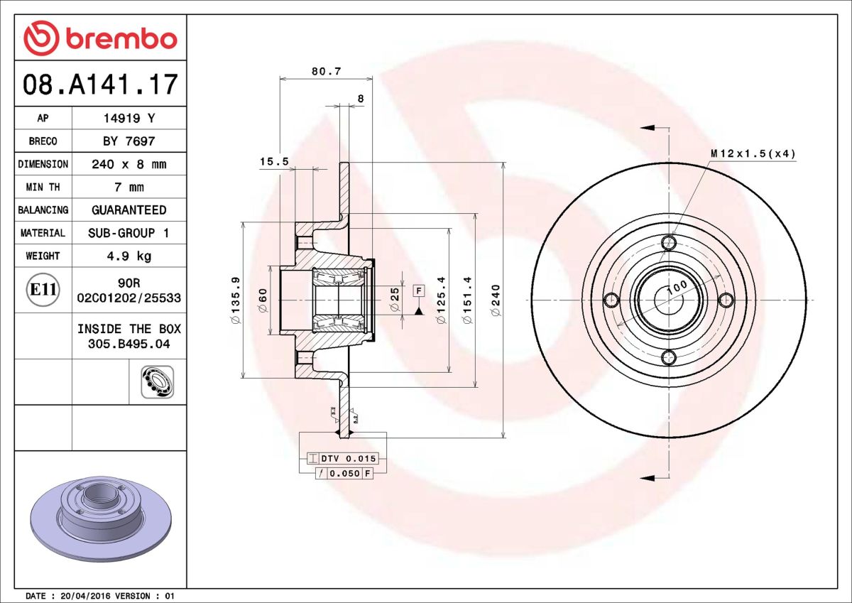Диск гальмівний З ПІДШ RENAULT MEGANE II УНІВЕРСАЛ (KM0/1_) 1.5 2003.08-2012.08 BREMBO (08.A141.17) BREMBO фото 6