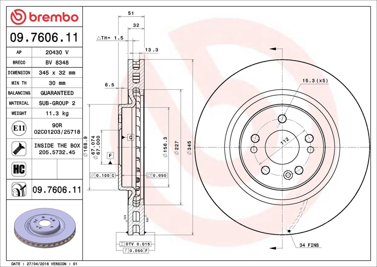 Диск гальмівний MB M-CLASS (W163) 2.7 1998.02-2005.07 BREMBO (09.7606.11) BREMBO фото 8