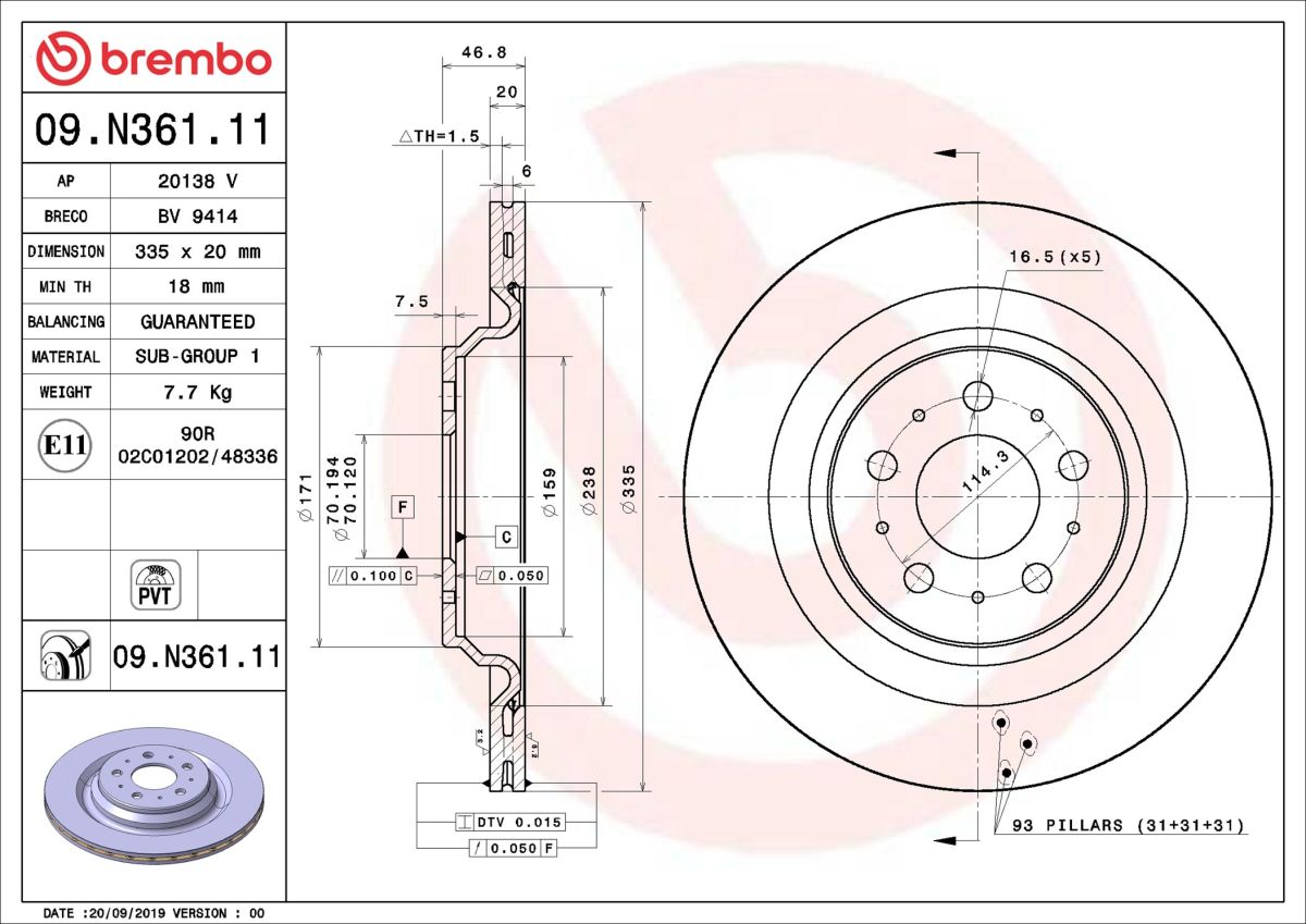 Диск гальмівний TESLA MODEL 3 (5YJ3) 2017.01- BREMBO (09.N361.11) BREMBO фото 5
