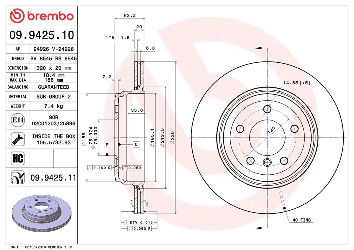 Диск гальмівний BMW 5 (E60) 3.0 2001.12-2010.03 BREMBO (09.9425.11) BREMBO фото 6