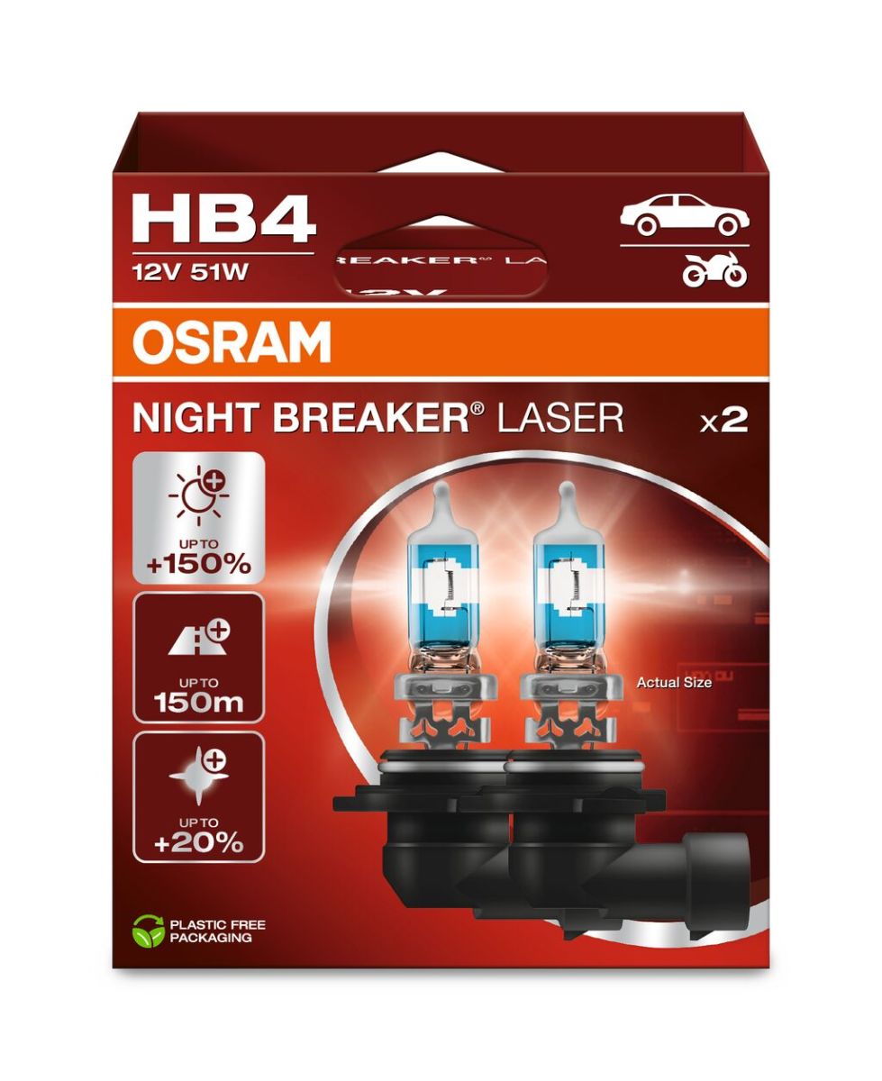 Лампа (Набір 2шт) HB4 12В 51Вт P22D (EN) up to 150% greater brightness, (EN) up to 150m light beam, (EN) up to 20% whiter light Night Breaker Laser, Білий фото 3