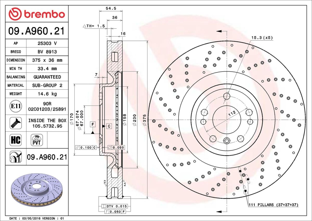 Диск гальмівний MB M-CLASS (W166) 3.0 2011.06-2015.12 BREMBO (09.A960.21) BREMBO фото 6