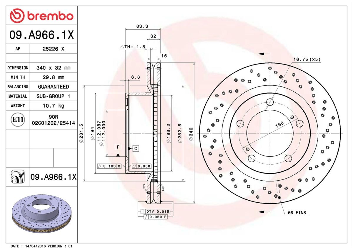 Диск гальмівний XTRA СЕРІЯ TOYOTA LAND CRUISER 200 (_J2_) 4.5 2007.08- BREMBO (09.A966.1X) BREMBO фото 6