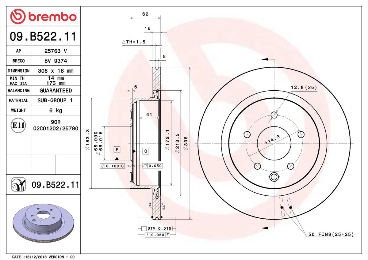 Диск гальмівний ВНУТР ДІАМЕТР 170 ММ INFINITI G ЛІФТБЕК 2.5 2007.01- BREMBO (09.B522.11) BREMBO фото 5