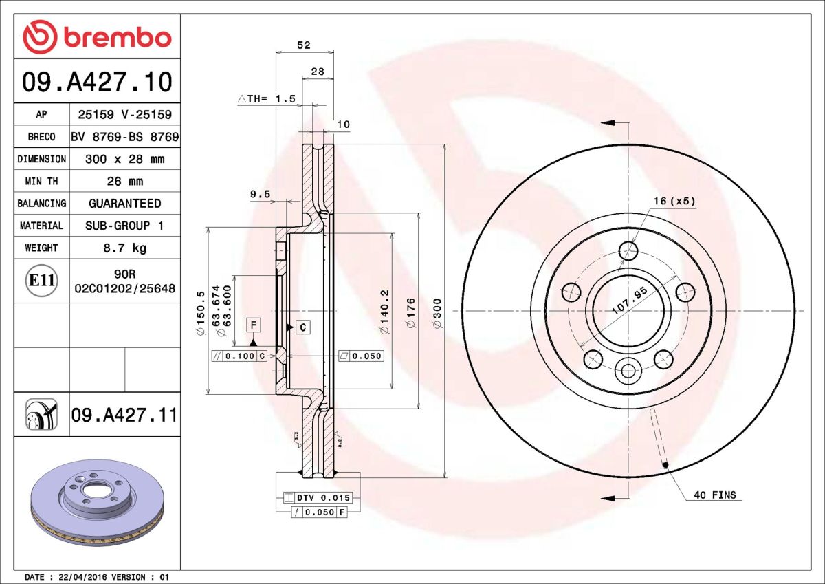 Диск гальмівний FORD MONDEO IV TURNIER (BA7) 2.0 2007.03-2015.01 BREMBO (09.A427.11) BREMBO фото 6