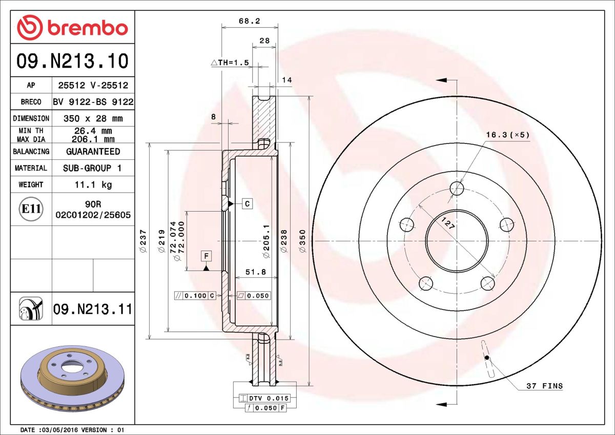 Диск гальмівний DODGE JOURNEY 2.4 2008.06- BREMBO (09.N213.11) BREMBO фото 6
