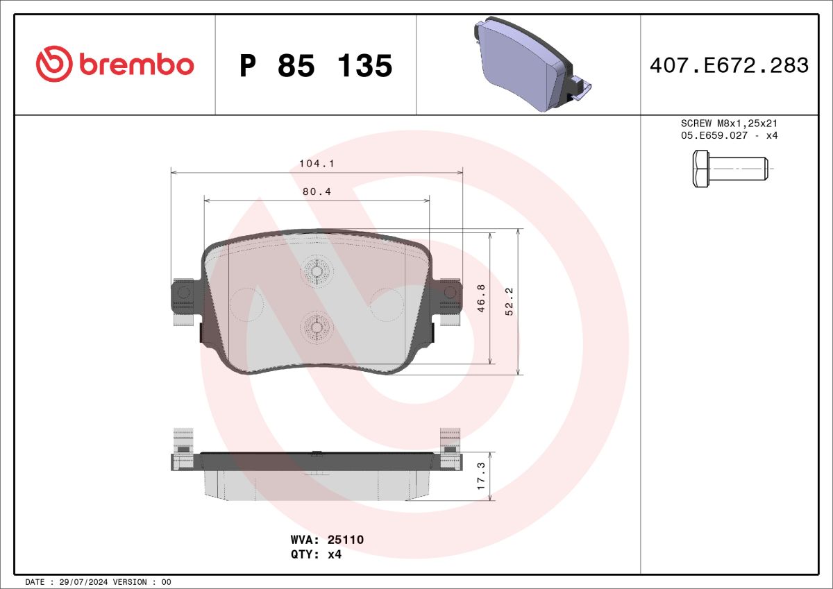 Колодки гальмівні дискові SKODA OCTAVIA III COMBI (5E5, 5E6) 1.4 2012.11-2020.10 BREMBO (P85135) BREMBO фото 5