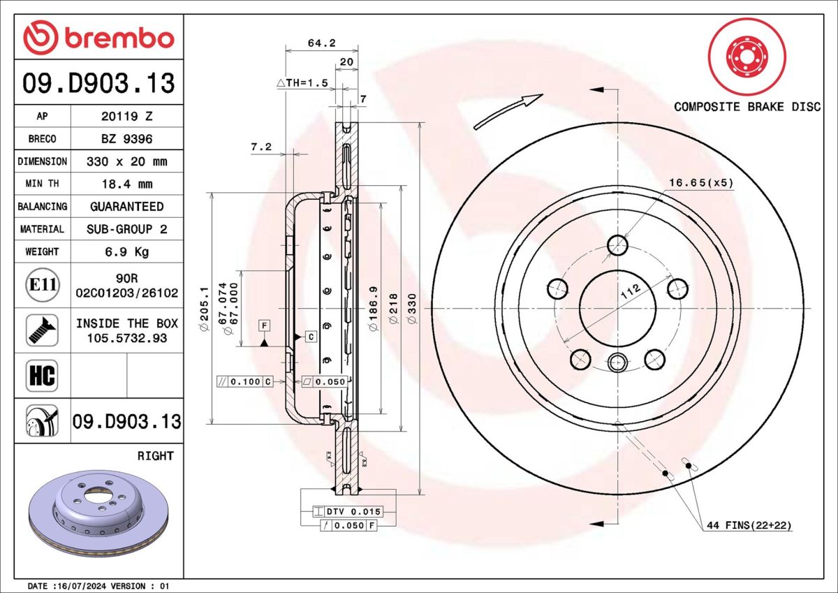 Диск гальмівний ПРАВИЙ BMW X5 (G05, F95) 2.0 2018.08- BREMBO (09.D903.13) BREMBO фото 6