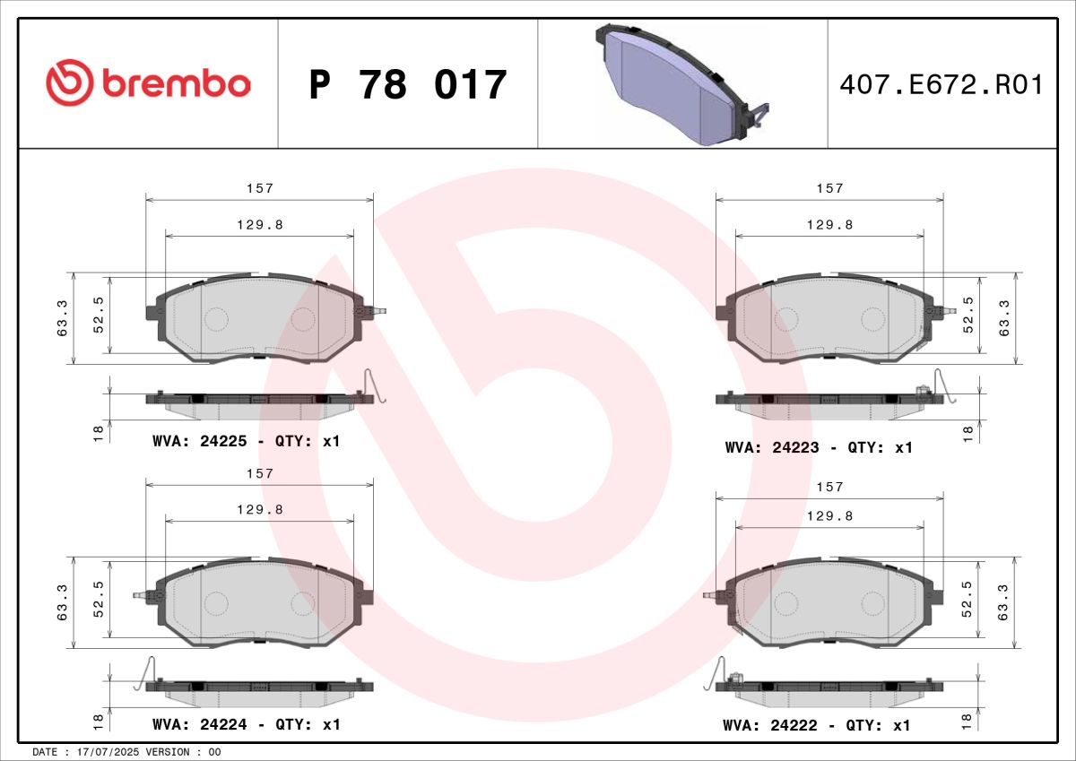 Колодки гальмівні дискові SUBARU OUTBACK (BS) 2.5 2014.10- BREMBO (P78017) BREMBO фото 4