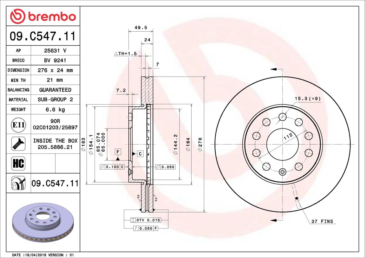 Диск гальмівний SKODA OCTAVIA III COMBI (5E5, 5E6) 1.4 2012.11-2020.10 BREMBO (09.C547.11) BREMBO фото 6