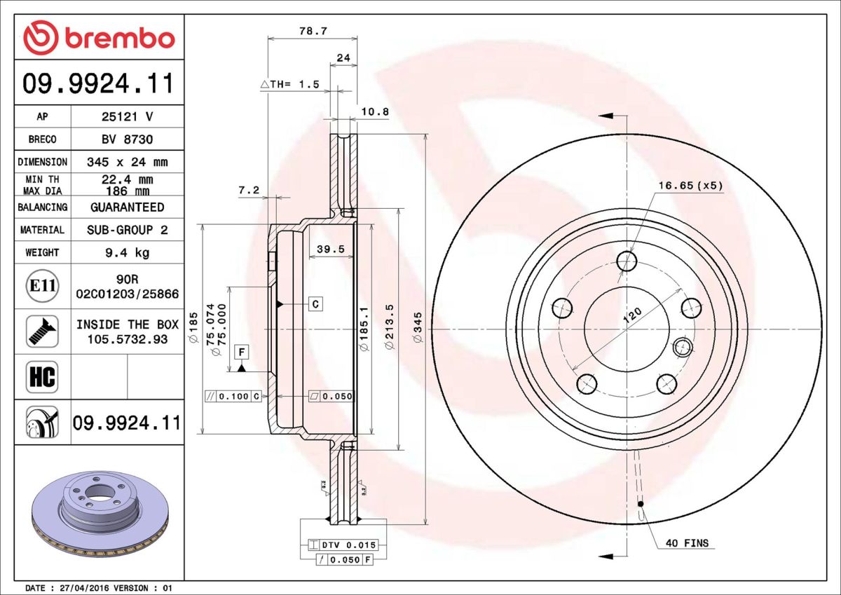 Диск гальмівний BMW X5 (F15, F85) 3.0 2013.08-2018.07 BREMBO (09.9924.11) BREMBO фото 6