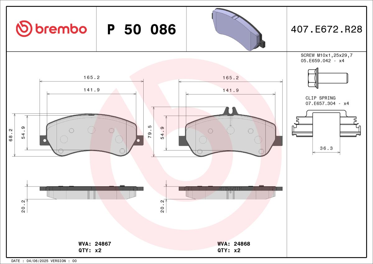 Колодки гальмівні дискові MB GLK-CLASS (X204) 3.0 2008.06-2015.12 BREMBO (P50086) BREMBO фото 4
