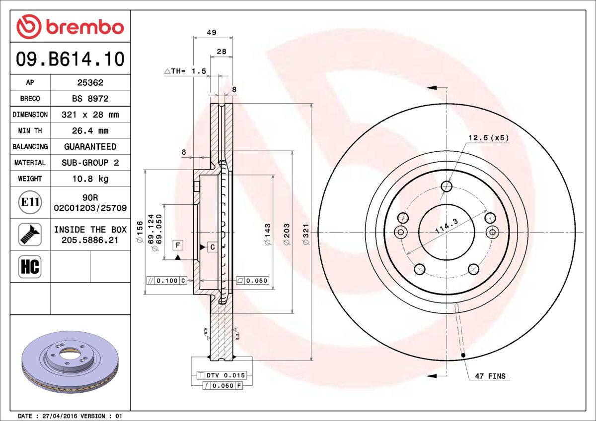 Диск гальмівний KIA SORENTO II (XM) 2.2 2009.09-2016.04 BREMBO (09.B614.10) BREMBO фото 6