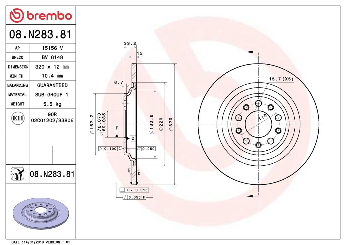 Диск гальмівний JEEP CHEROKEE (KL) 2.4 2013.06- BREMBO (08.N283.81) BREMBO фото 6