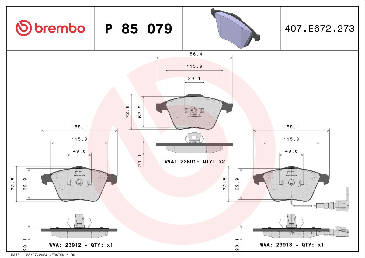 Колодки гальмівні дискові VW PASSAT B6 (3C2) 1.8 2005.03-2010.12 BREMBO (P85079) BREMBO фото 5