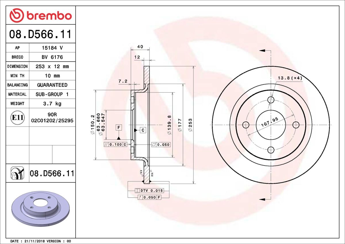 Диск гальмівний FORD FIESTA VII (HJ, HF) 1.1 2017.05- BREMBO (08.D566.11) BREMBO фото 5