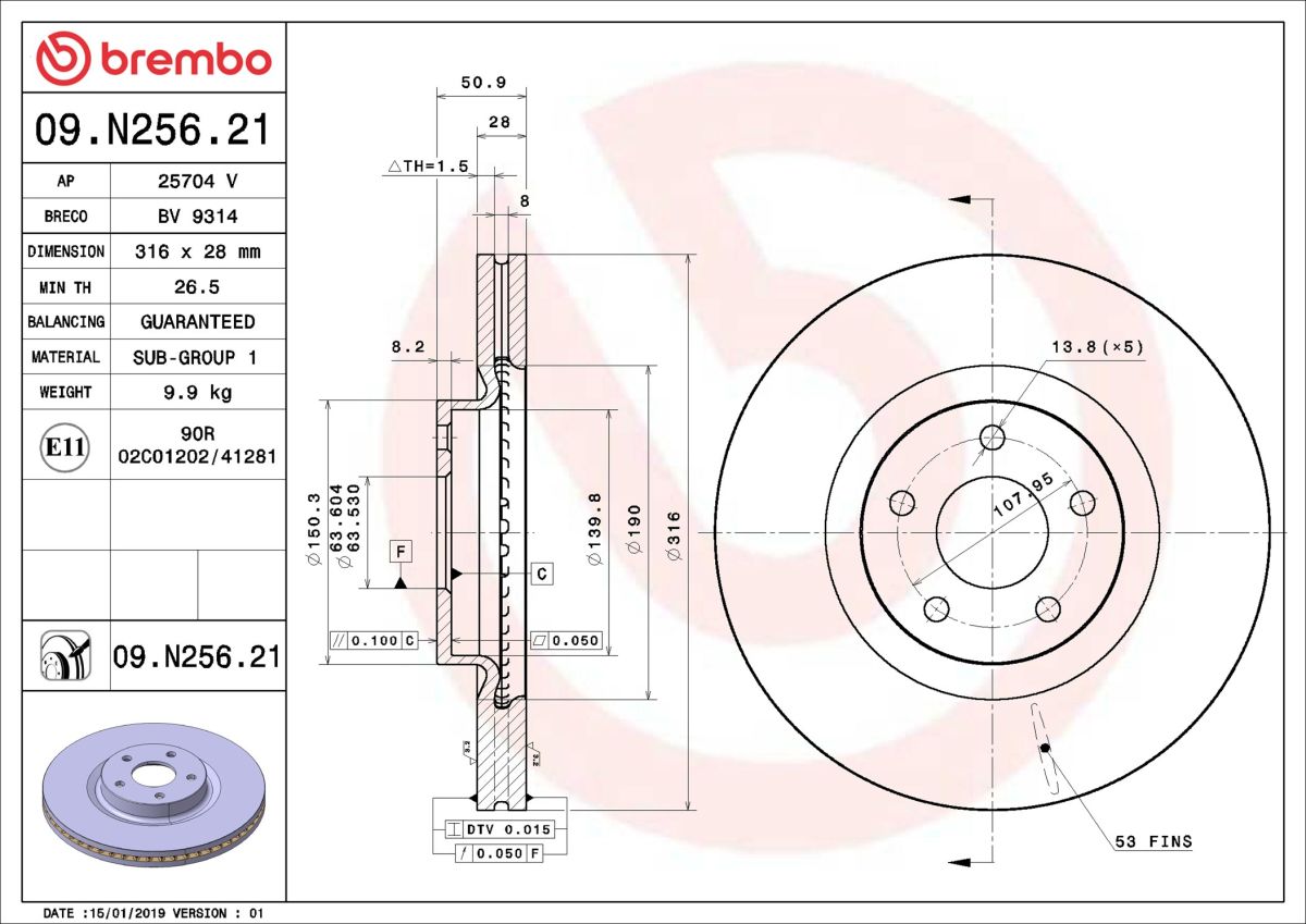 Диск гальмівний FORD MONDEO V TURNIER (CF) 1.6 2014.09- BREMBO (09.N256.21) BREMBO фото 6