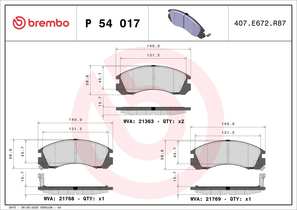Колодки гальмівні дискові MITSUBISHI OUTLANDER II (CW_W) 2.4 2006.11-2012.12 BREMBO (P54017) BREMBO фото 6