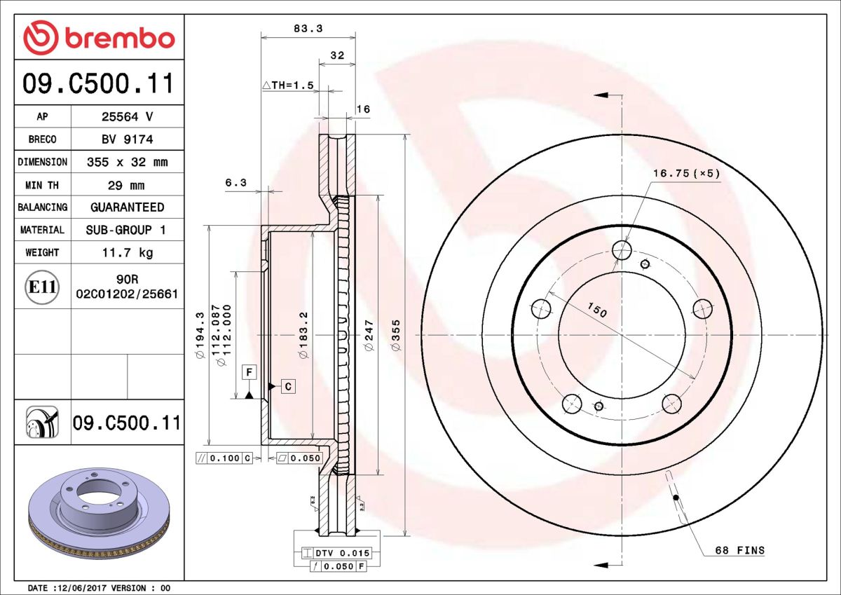 Диск гальмівний TOYOTA LAND CRUISER 200 (_J2_) 4.5 2007.08- BREMBO (09.C500.11) BREMBO фото 6