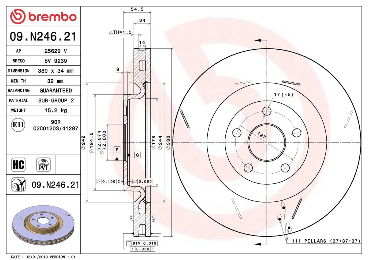 Диск гальмівний JEEP GRAND CHEROKEE IV (WK, WK2) 3.6 2010.06- BREMBO (09.N246.21) BREMBO фото 6