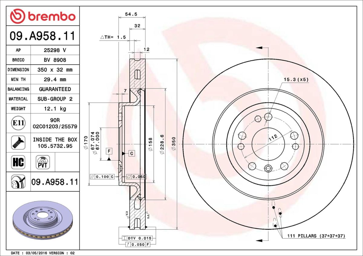 Диск гальмівний MB M-CLASS (W166) 3.0 2011.06-2015.12 BREMBO (09.A958.11) BREMBO фото 6