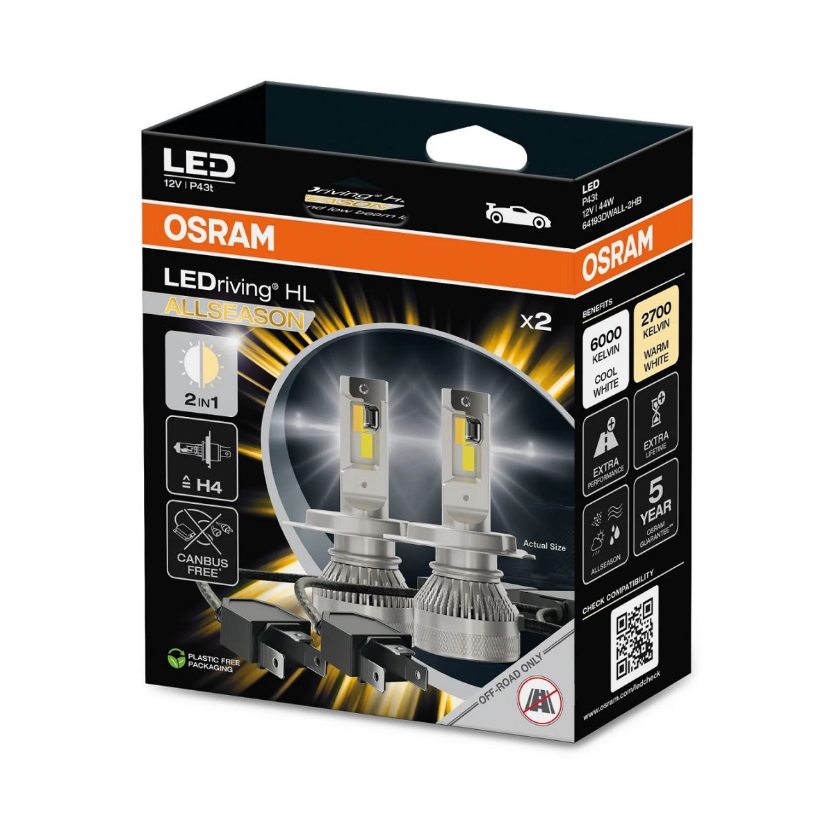 Комплект світлодіодних автоламп H4 LED 12V 45/45W 2700/6000K P43T / LEDRIVING® HL ALLSEASON / НЕ OSRAM (64193DWALL-2HB) osram фото 6