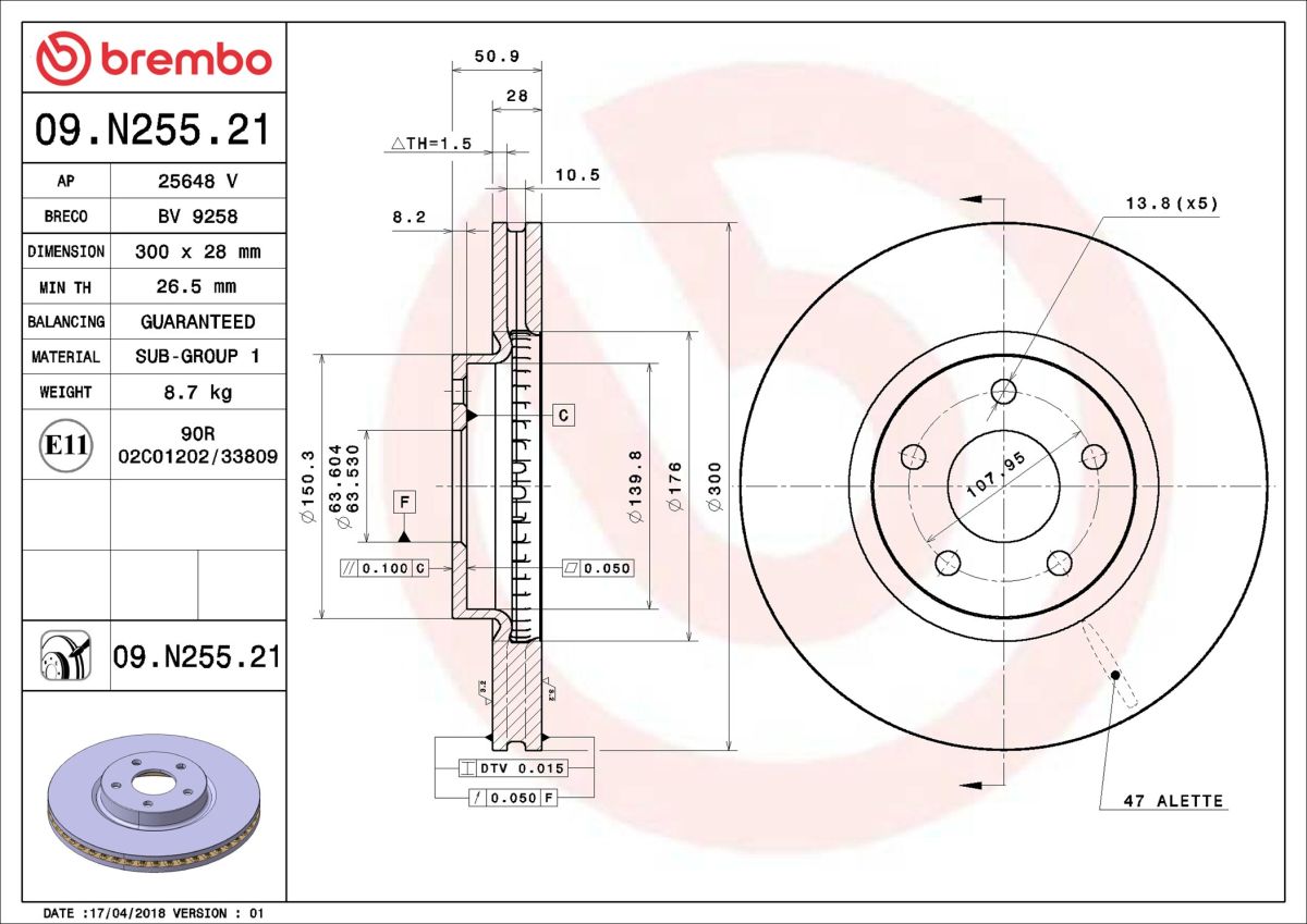 Диск гальмівний FORD MONDEO V TURNIER (CF) 1.6 2014.09- BREMBO (09.N255.21) BREMBO фото 6