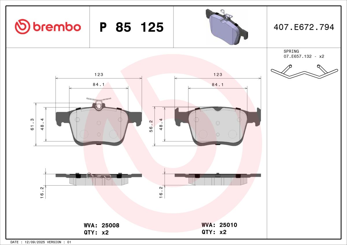 Колодки гальмівні дискові VW T-ROC (A11, D11) 1.5 2017.07- BREMBO (P85125) BREMBO фото 7
