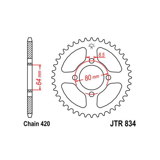 JT SPROCKETS řetězová rozeta YAMAHA BW 80 86-90, PW 80 83-10, RD 80MX, 50MX, 80LC I 82-84, RT 100 90-00, TT-R 50E, 50, 90E, 90, 110E, 110 00-20, YB 100 80-94 (SX231.834,35, SX239.834,35, SX6143.834,35)