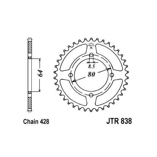 JT SPROCKETS řetězová rozeta YAMAHA DT 100, 125LC 76-88, RD 125 74-76, RS 100 76-79, RSX 100 95, T 105 CRYPTON 97-98, YB 100 78-81, YBA 125 ENTICER (SA) 07-09, YBR 125 (CUSTOM) 05-16