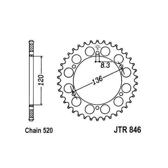 JT SPROCKETS řetězová rozeta YAMAHA FZR 400 87, RD 350 LC (YPVS), LCF (YPVS) 83-89, RZ 250, 350 83-91, SRX 600 86-94, SZR 660 95-98, TDR 250 88-90, TZR 250 87-91, XJR 400 R, S, R2 93-99