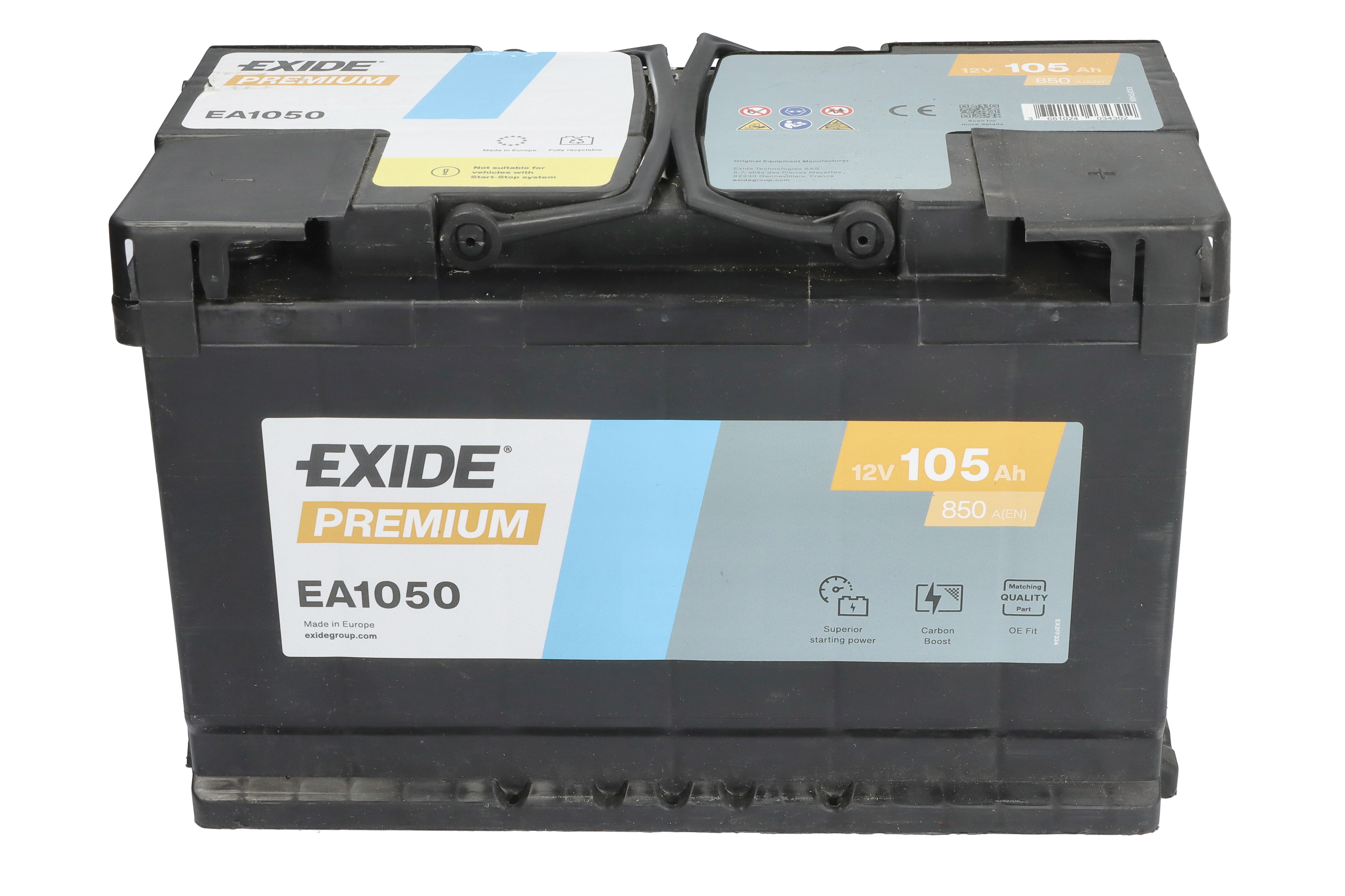Акумулятор EXIDE 12В 105Агод./850А PREMIUM (R+ стандартні клеми) 315x175x205 B13 - монтажний фланець 10.5мм (пусковий) фото 2