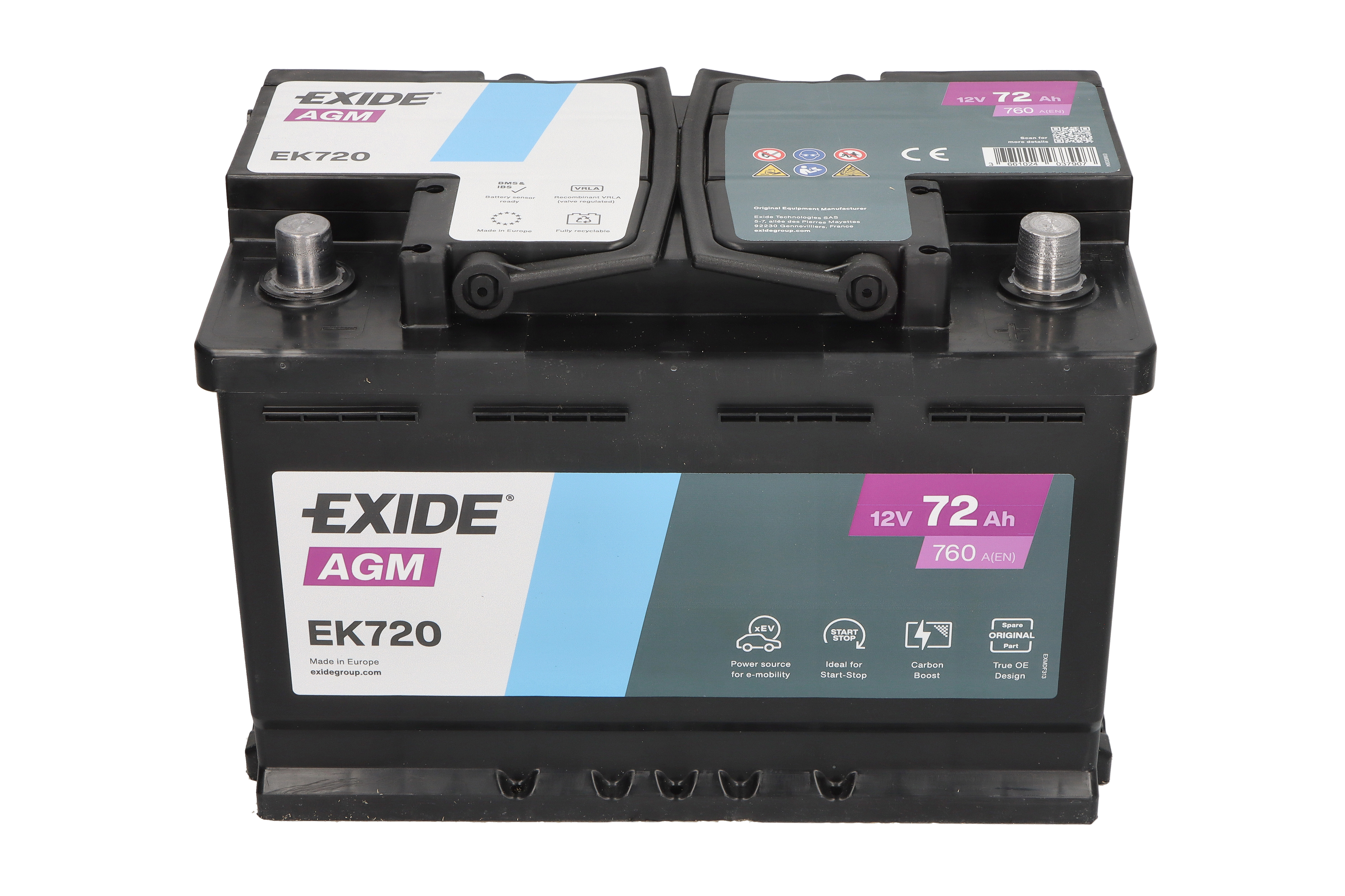 Акумуляторна батарея 72Ah/760A (278x175x190/+R/B13) (Start-Stop AGM) (аналог EK700) Exide фото 6
