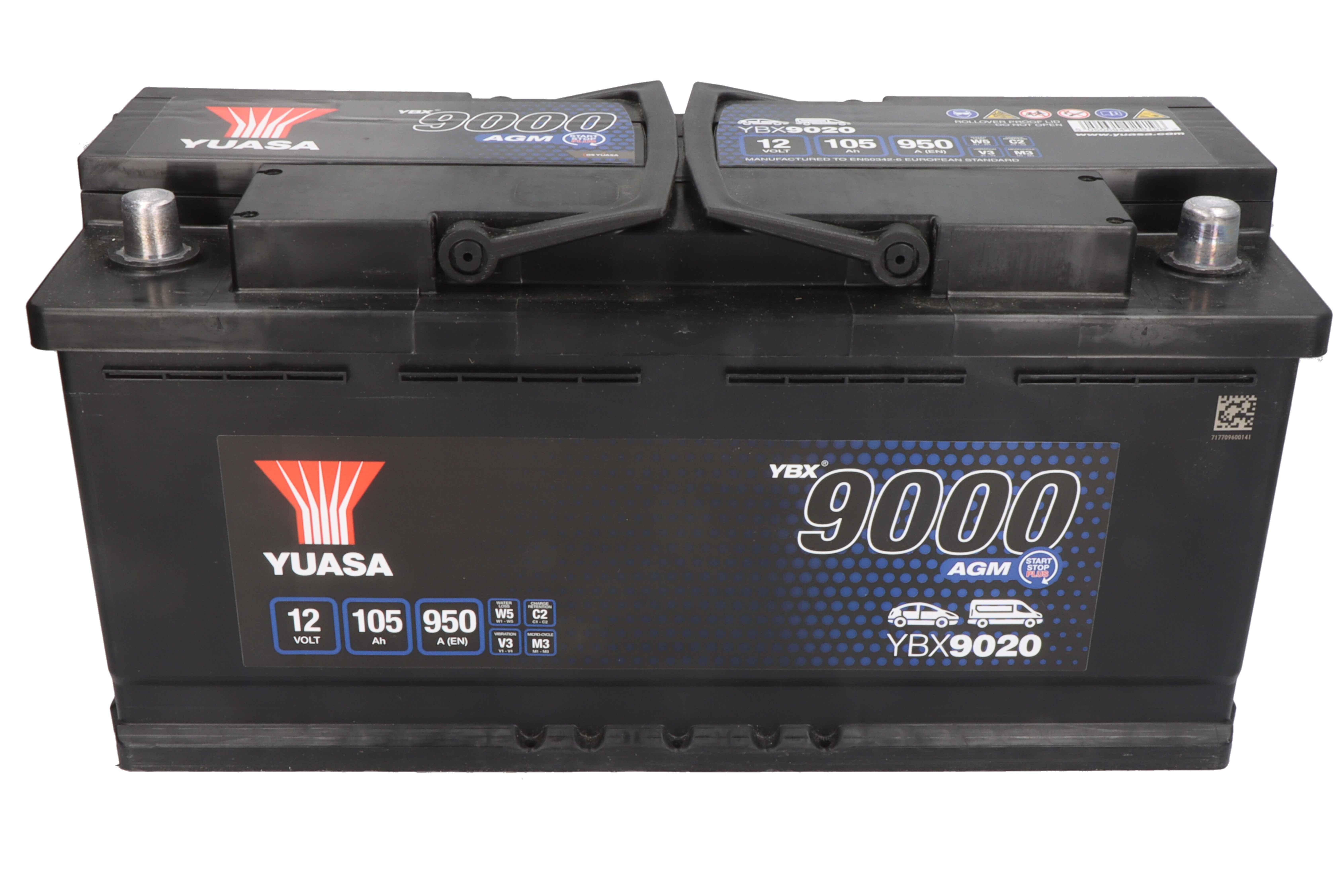 Акумулятор YUASA 12В 105Агод./950А START&STOP AGM, YBX9000 AGM Start Stop Plus (R+ стандартні клеми) 393x175x190 (пусковий/agm) фото 3