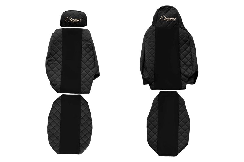 Set Huse Scaune Camion Tir SCANIA G II din 2017-2023, Auto, Model ELEGANCE Q, Culoare Negru, 4x Stickere auto cu SCANIA