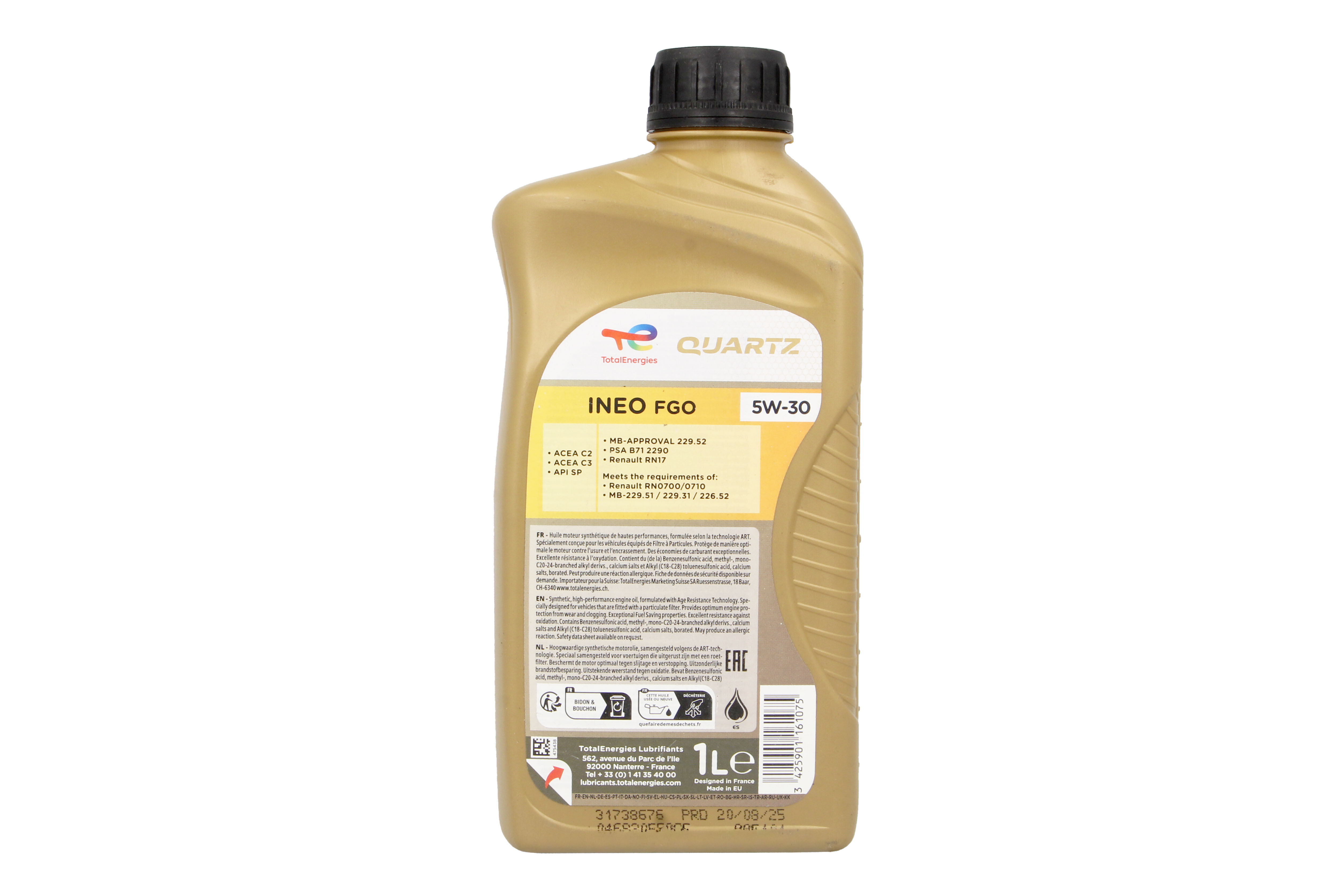 Моторна олива Quartz INEO (1L) 5W30 ,API SP, ACEA C2, C3, FIAT 9.55535 S1, HYUNDAI, IVECO 18-1811, KIA, MB 226.52, MB 229.31, MB 229.51, MB 229.52, PSA B71 2290, RENAULT RN 0700, RENAULT RN 0710, RENA фото 3
