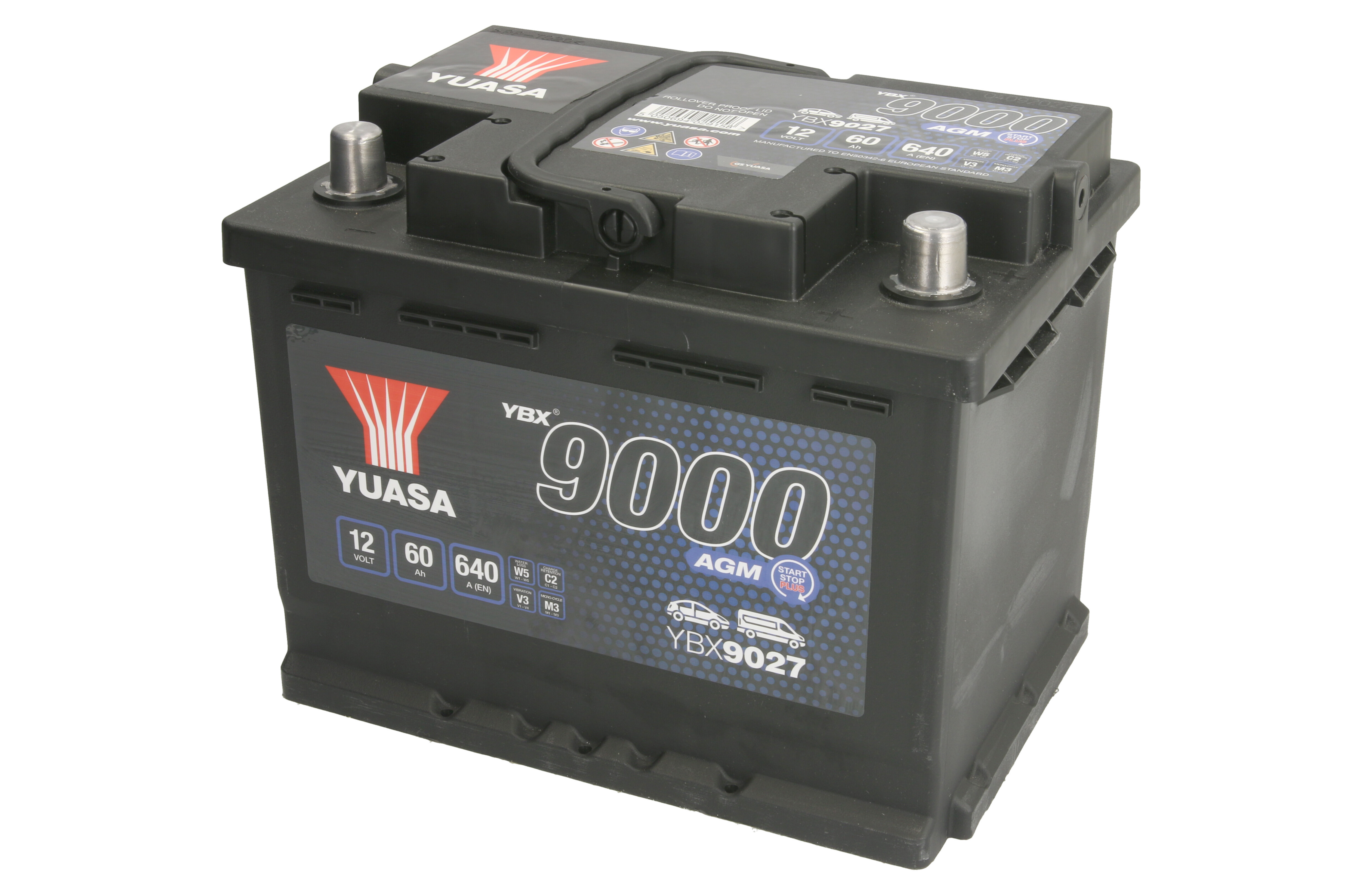 Акумулятор YUASA 12В 60Агод./640А START&STOP AGM, YBX9000 AGM Start Stop Plus (R+ стандартні клеми) 242x175x190 (пусковий/agm)