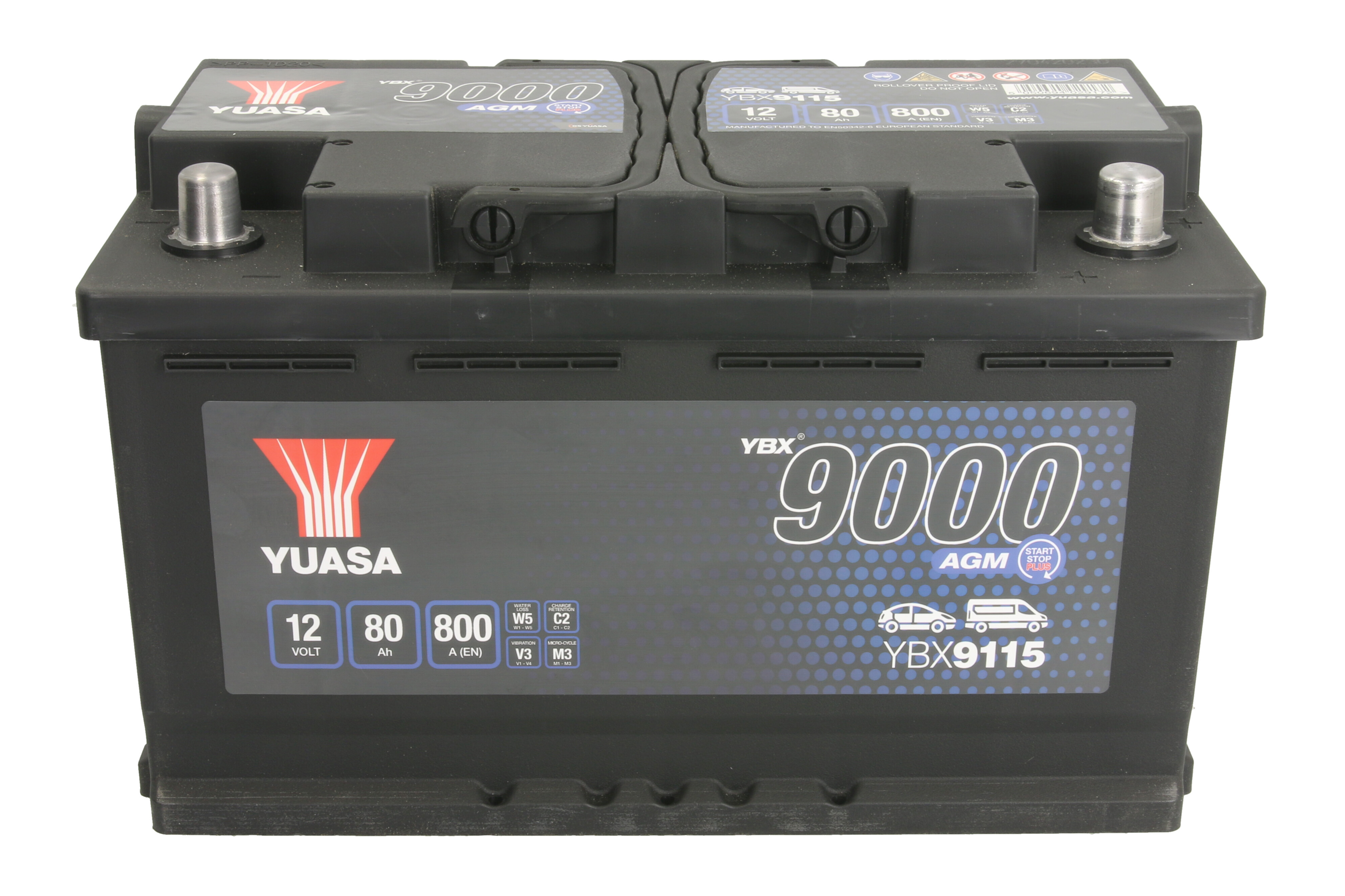 Акумулятор YUASA 12В 80Агод./800А START&STOP AGM, YBX9000 AGM Start Stop Plus (R+ стандартні клеми) 317x175x190 (пусковий/agm) фото 3