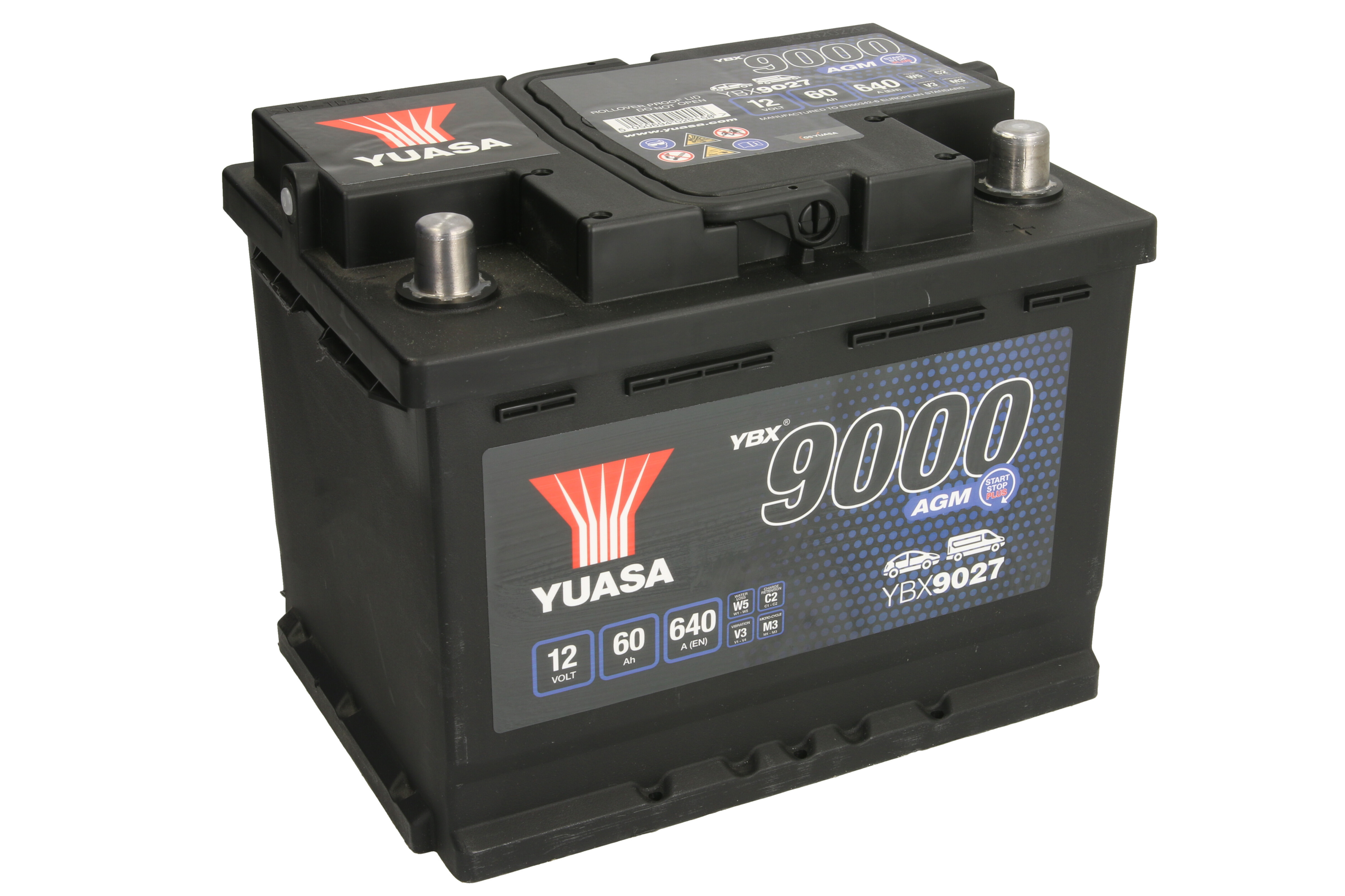 Акумулятор YUASA 12В 60Агод./640А START&STOP AGM, YBX9000 AGM Start Stop Plus (R+ стандартні клеми) 242x175x190 (пусковий/agm) фото 2