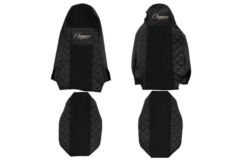 Set Huse Scaune Camion Tir SCANIA R I din 2004-2019, Auto, Model ELEGANCE Q, Culoare Negru, 4x Stickere auto cu SCANIA