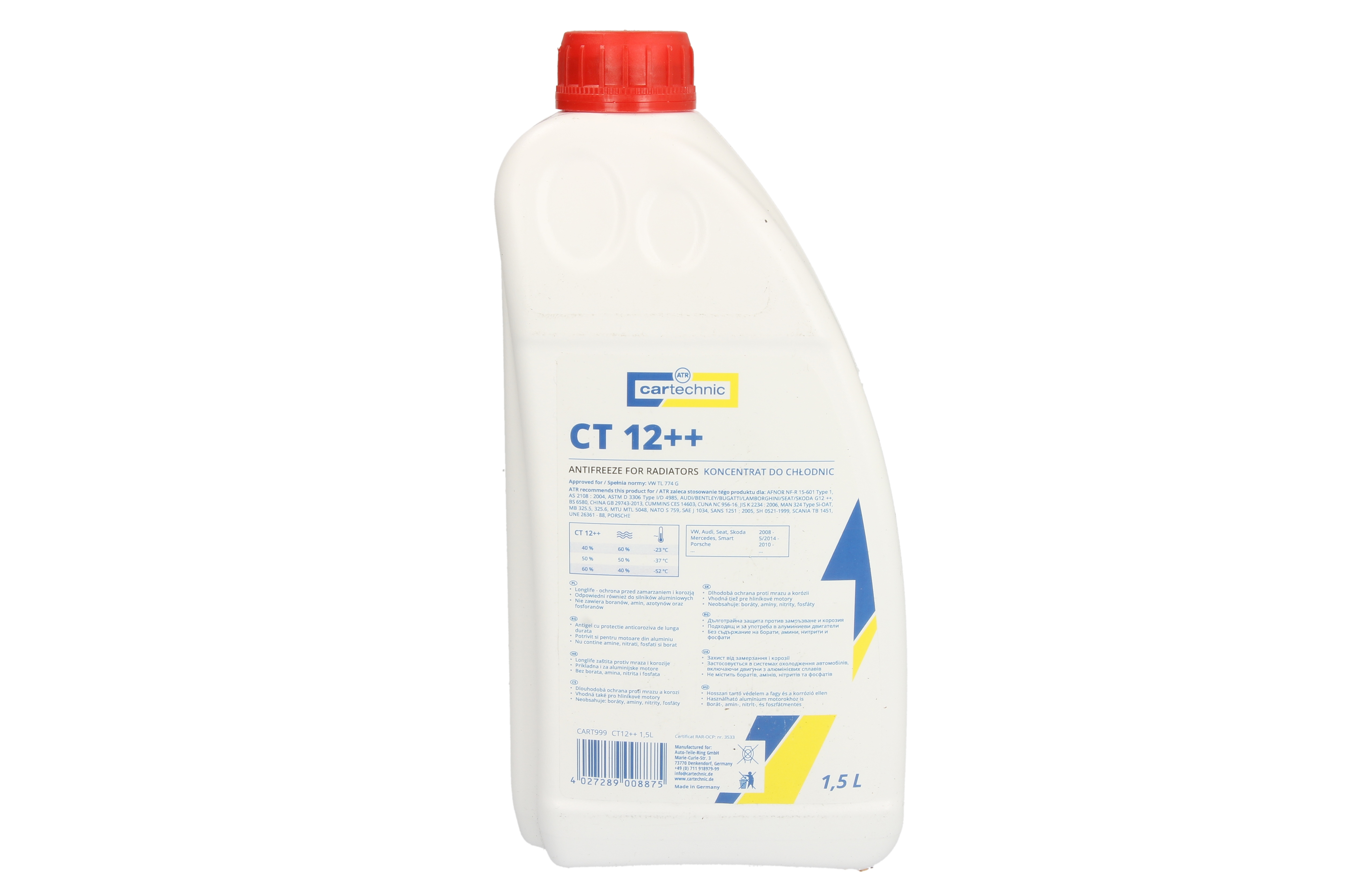 Концентрат антифризу (тип охолоджувача G12++/G40) (1,5L, 1:1=-37°C), Si-OAT, фіолетовий, стандартний: AFNOR NF R 15-601 TYPE 1, AS 2108-2004, ASTM D3306, ASTM D4340, BS 6580, China GB 29743-2013, CUMM