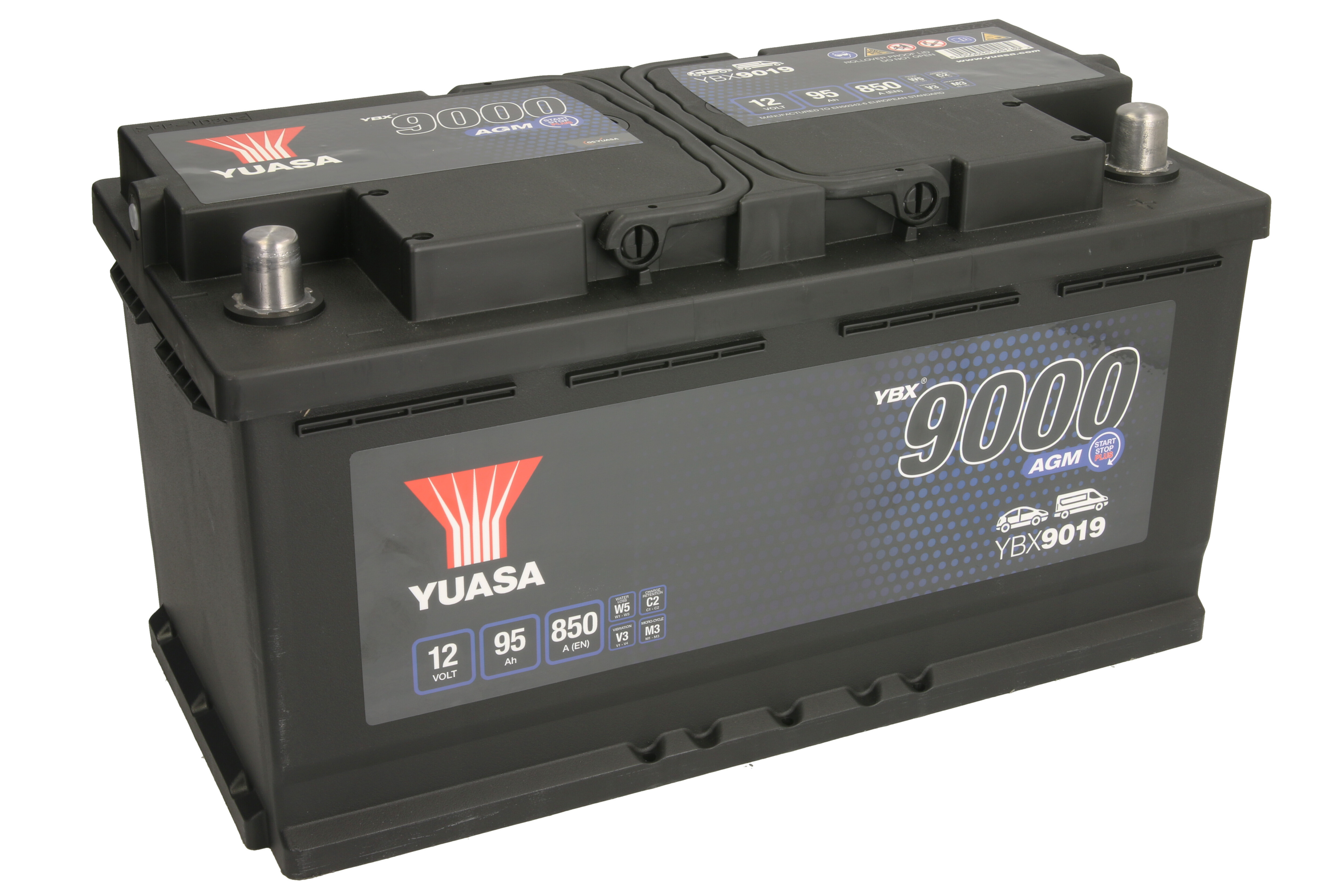Акумулятор YUASA 12В 95Агод./850А START&STOP AGM, YBX9000 AGM Start Stop Plus (R+ стандартні клеми) 353x175x190 (пусковий/agm) фото 2